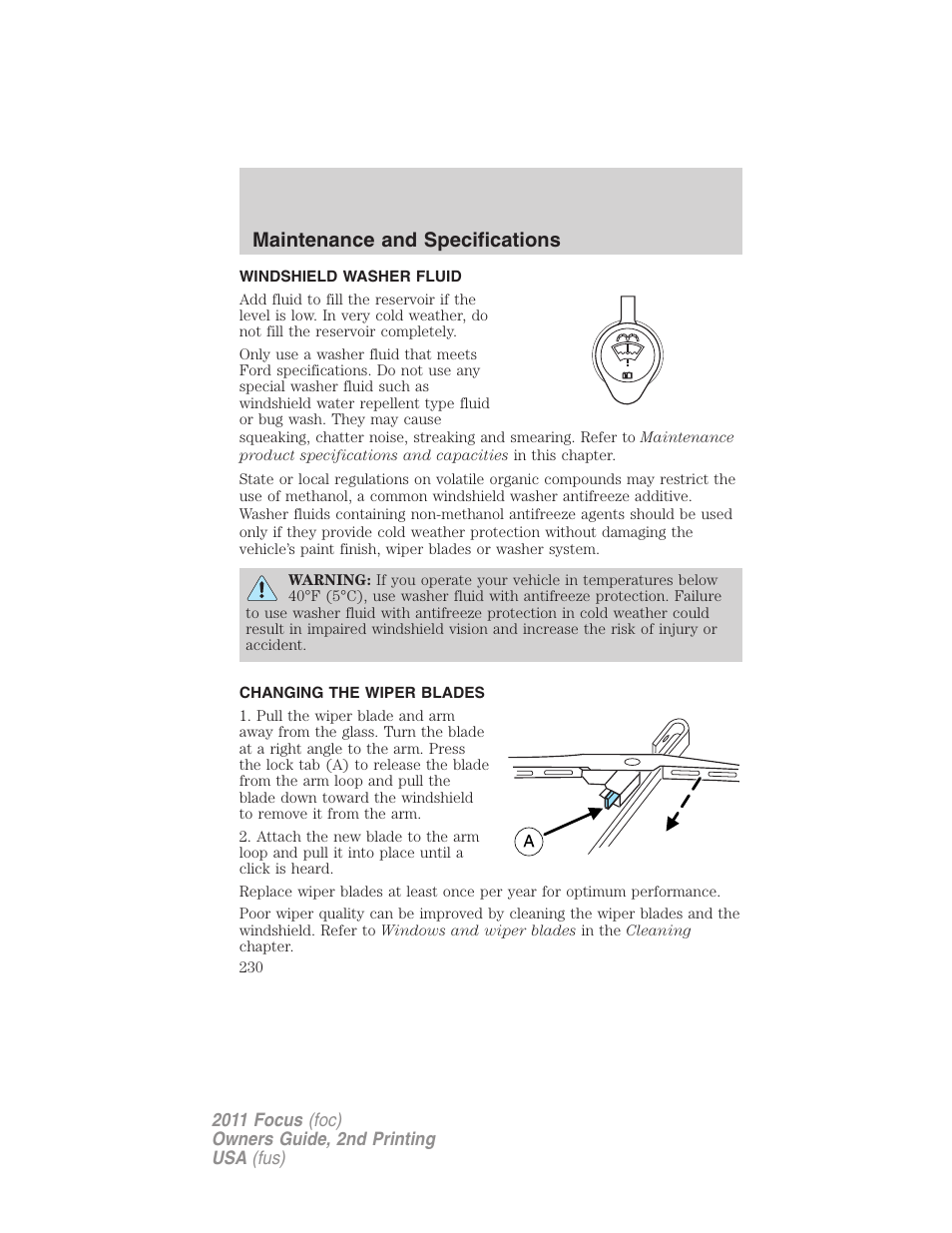 Windshield washer fluid, Changing the wiper blades, Maintenance and specifications | FORD 2011 Focus v.2 User Manual | Page 230 / 301