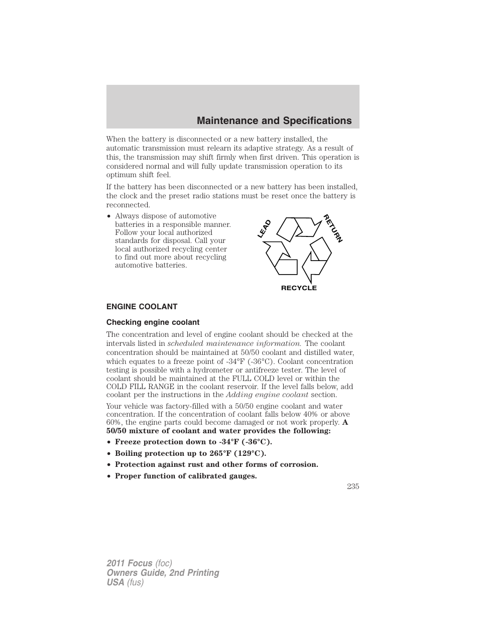 Engine coolant, Checking engine coolant, Maintenance and specifications | FORD 2011 Focus v.2 User Manual | Page 235 / 301