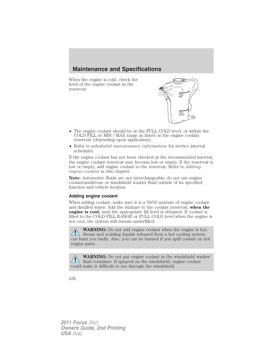 Adding engine coolant, Maintenance and specifications | FORD 2011 Focus v.2 User Manual | Page 236 / 301