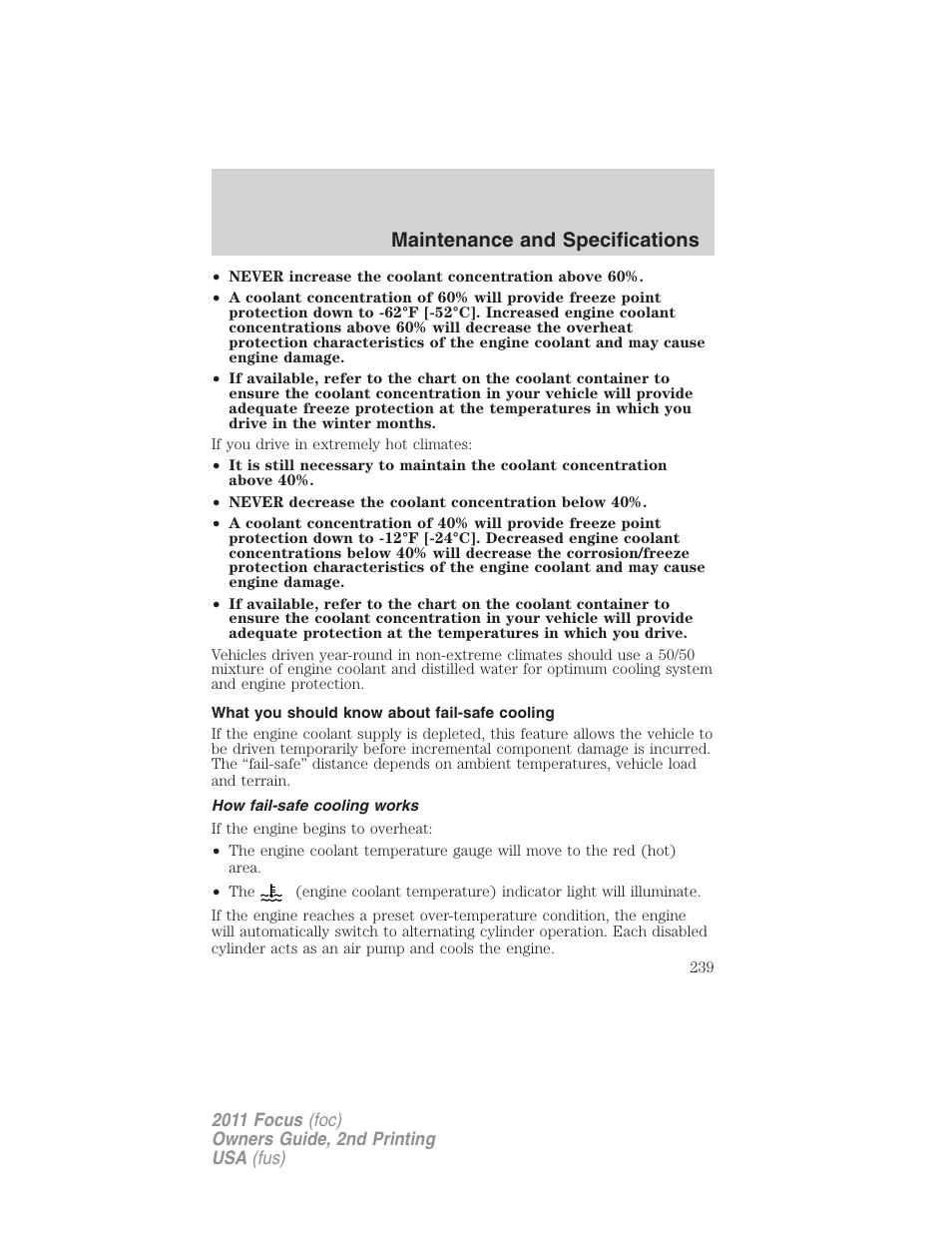 What you should know about fail-safe cooling, How fail-safe cooling works, Maintenance and specifications | FORD 2011 Focus v.2 User Manual | Page 239 / 301