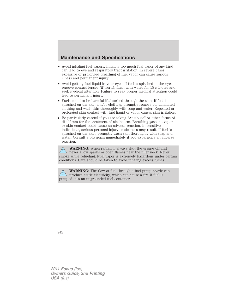 Maintenance and specifications | FORD 2011 Focus v.2 User Manual | Page 242 / 301