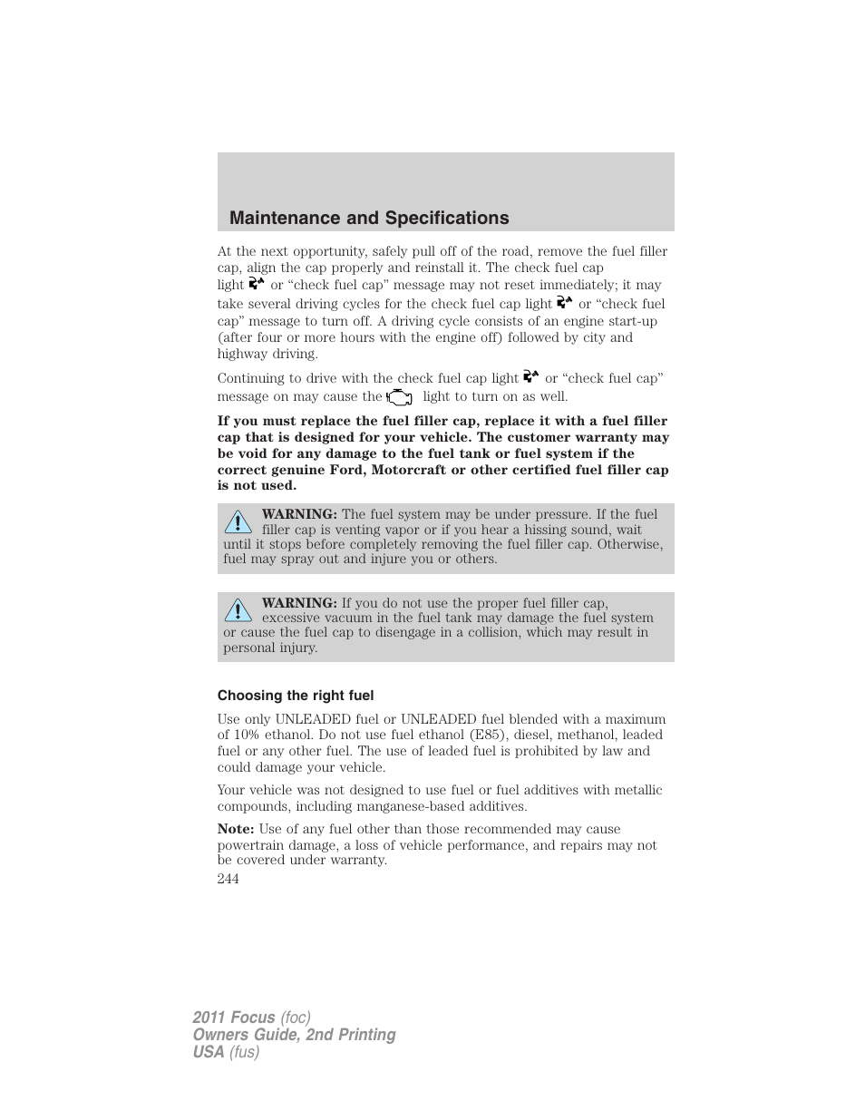 Choosing the right fuel, Maintenance and specifications | FORD 2011 Focus v.2 User Manual | Page 244 / 301