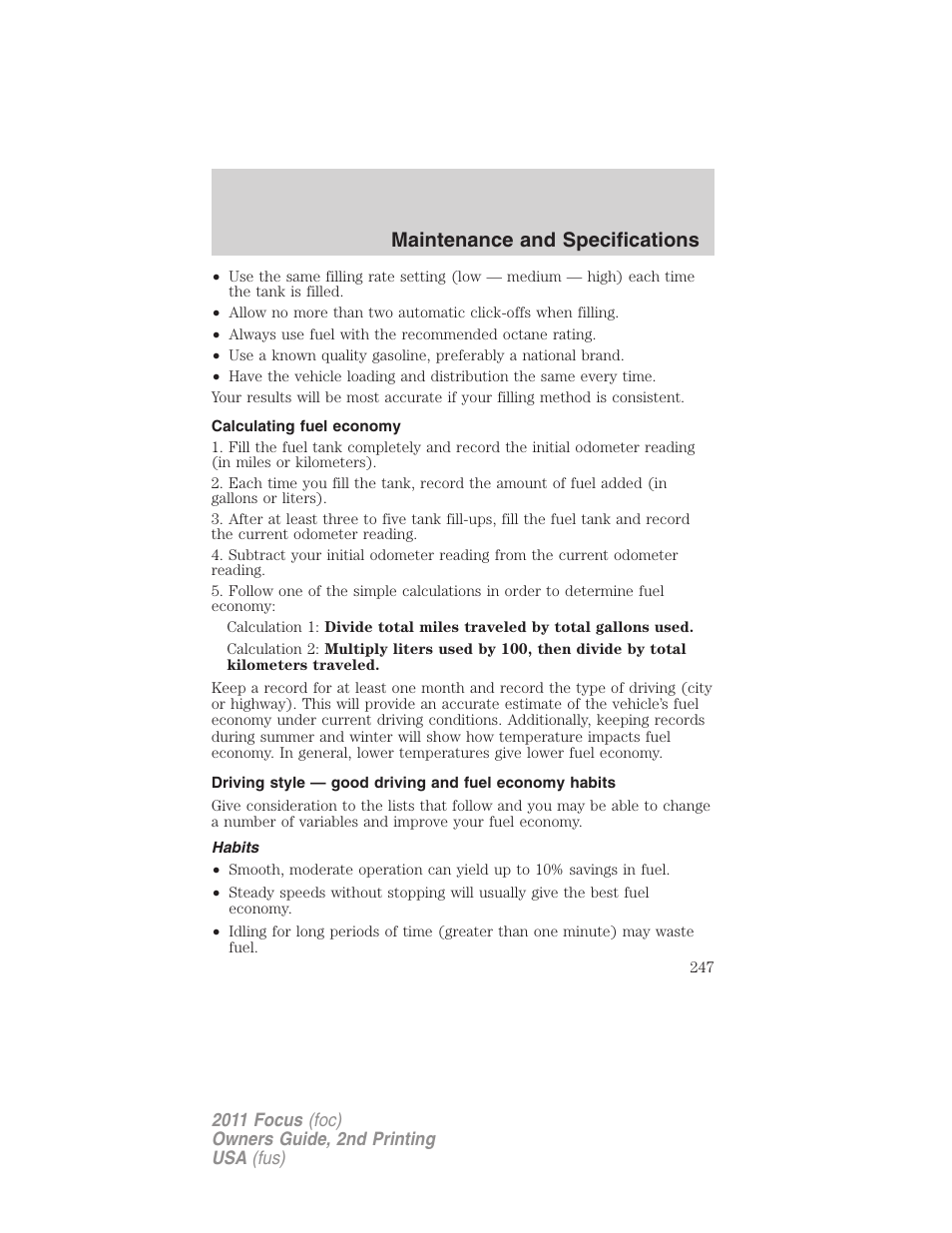 Calculating fuel economy, Habits, Maintenance and specifications | FORD 2011 Focus v.2 User Manual | Page 247 / 301