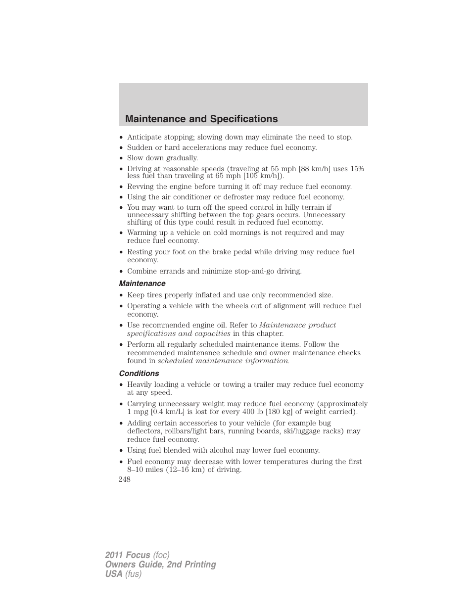 Maintenance, Conditions, Maintenance and specifications | FORD 2011 Focus v.2 User Manual | Page 248 / 301