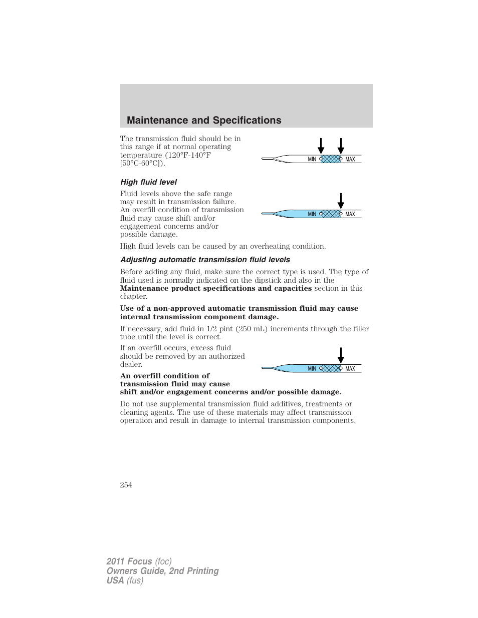 High fluid level, Adjusting automatic transmission fluid levels, Maintenance and specifications | FORD 2011 Focus v.2 User Manual | Page 254 / 301