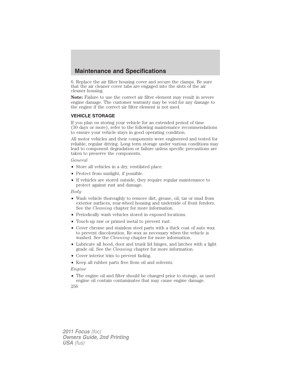 Vehicle storage, Maintenance and specifications | FORD 2011 Focus v.2 User Manual | Page 256 / 301