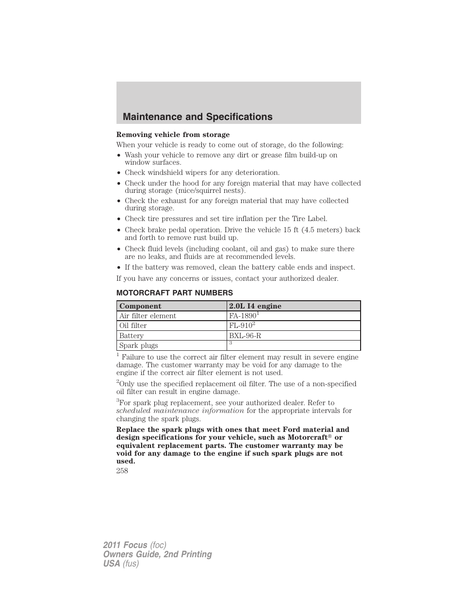 Motorcraft part numbers, Part numbers, Maintenance and specifications | FORD 2011 Focus v.2 User Manual | Page 258 / 301