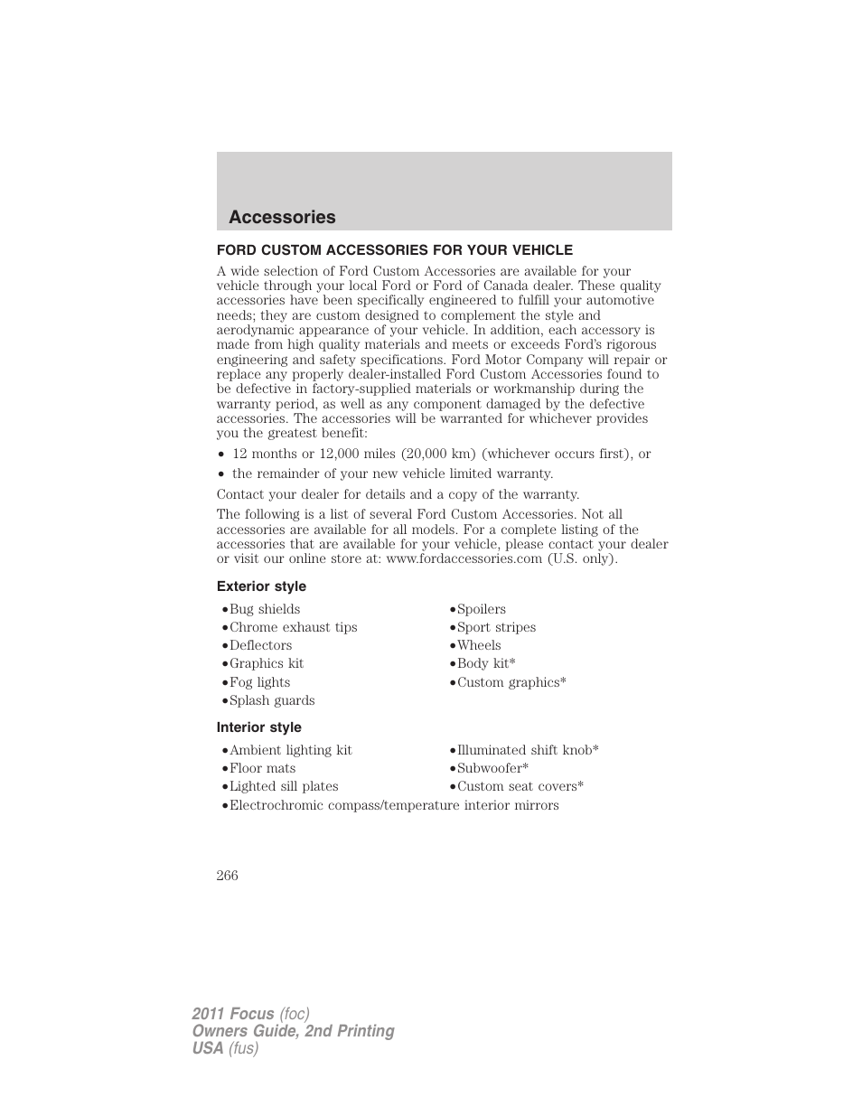 Accessories, Ford custom accessories for your vehicle, Exterior style | Interior style | FORD 2011 Focus v.2 User Manual | Page 266 / 301