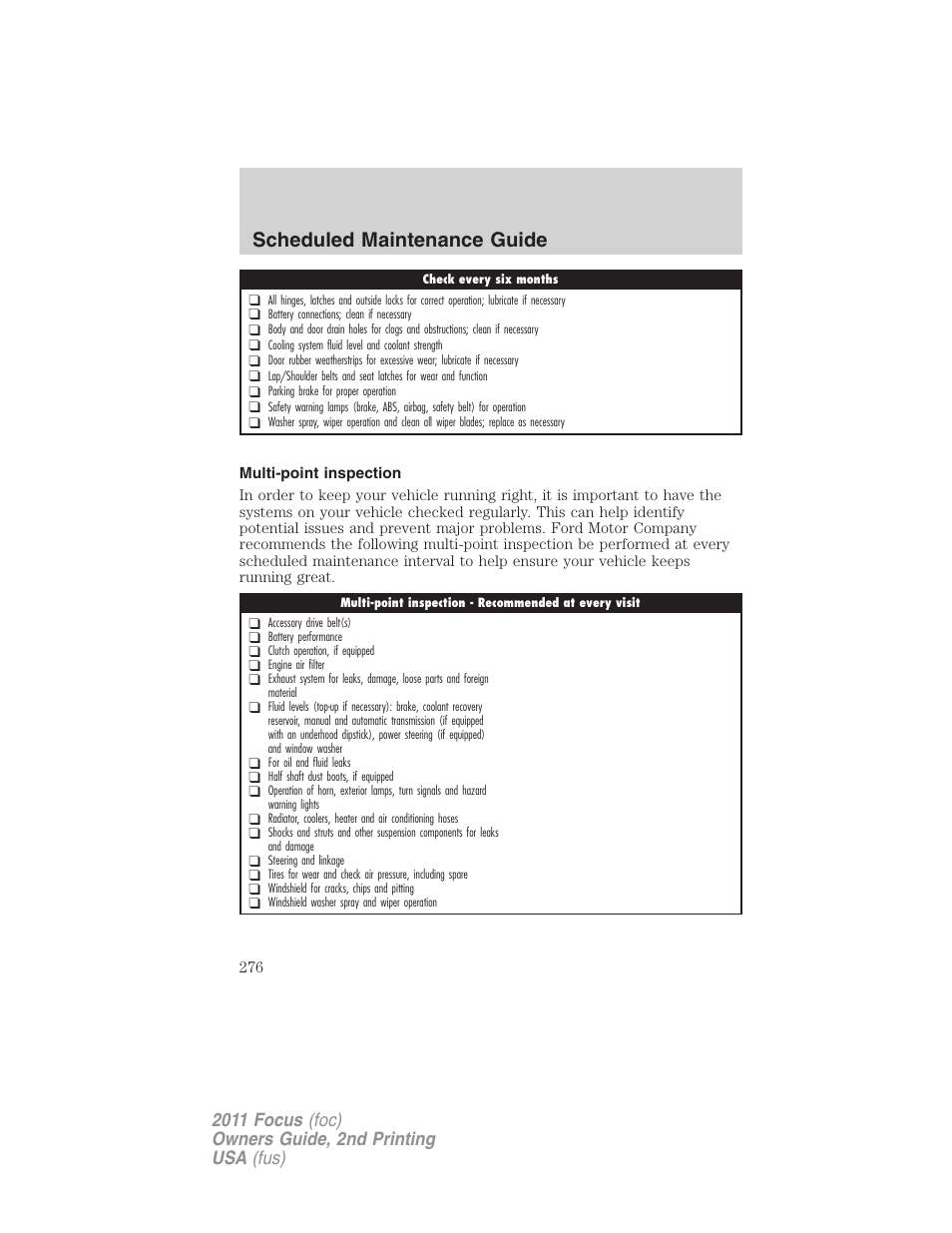 Multi-point inspection, Scheduled maintenance guide | FORD 2011 Focus v.2 User Manual | Page 276 / 301