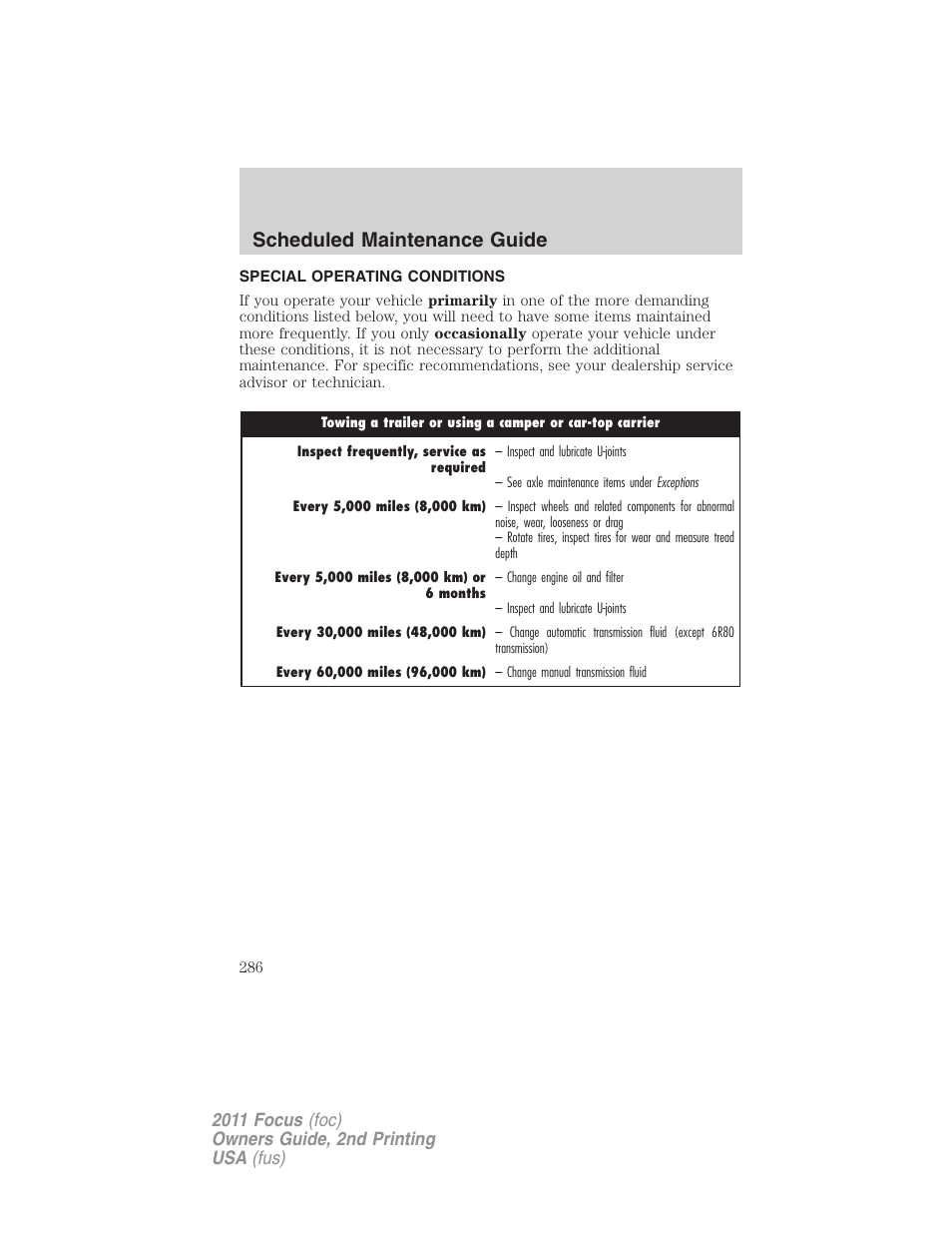 Special operating conditions, Scheduled maintenance guide | FORD 2011 Focus v.2 User Manual | Page 286 / 301