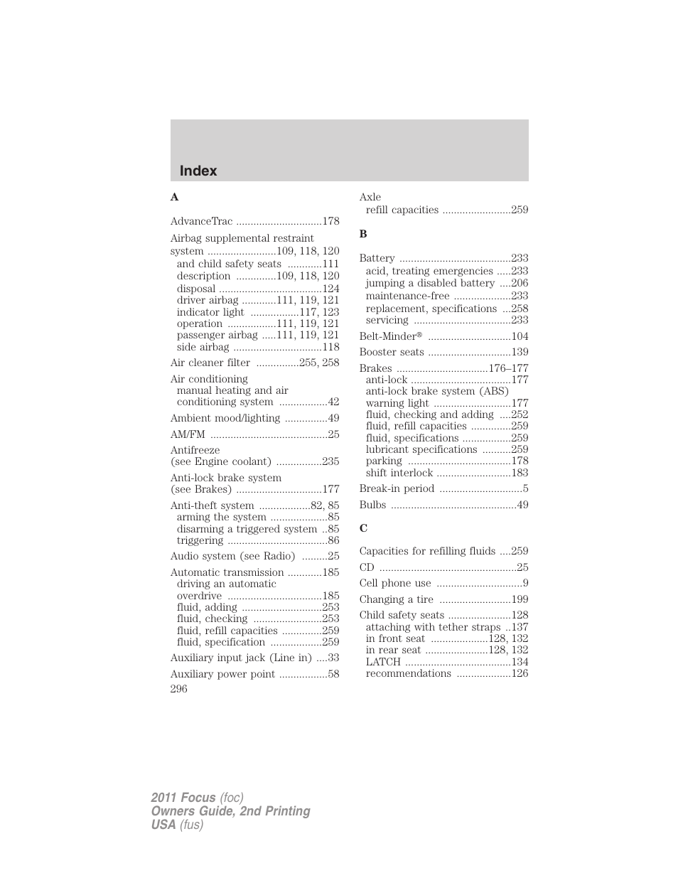 Index | FORD 2011 Focus v.2 User Manual | Page 296 / 301