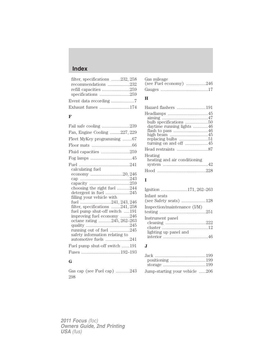 Index | FORD 2011 Focus v.2 User Manual | Page 298 / 301
