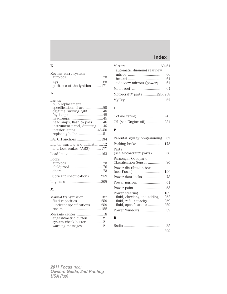 Index | FORD 2011 Focus v.2 User Manual | Page 299 / 301