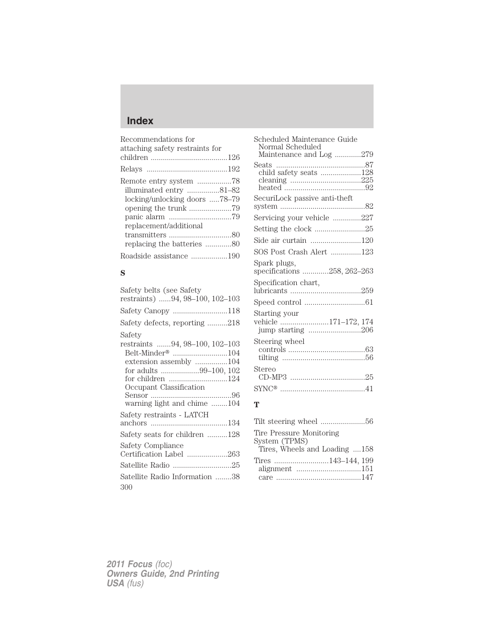Index | FORD 2011 Focus v.2 User Manual | Page 300 / 301