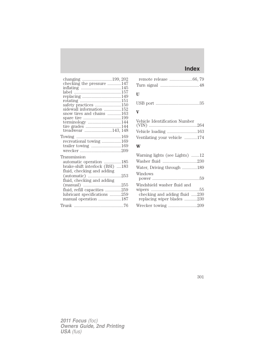 Index | FORD 2011 Focus v.2 User Manual | Page 301 / 301