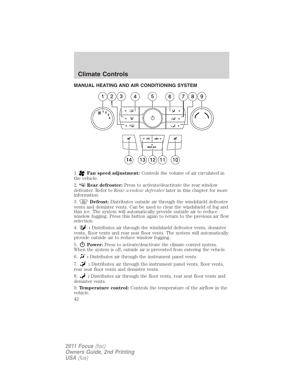 Climate controls, Manual heating and air conditioning system, Manual heating and air conditioning | FORD 2011 Focus v.2 User Manual | Page 42 / 301