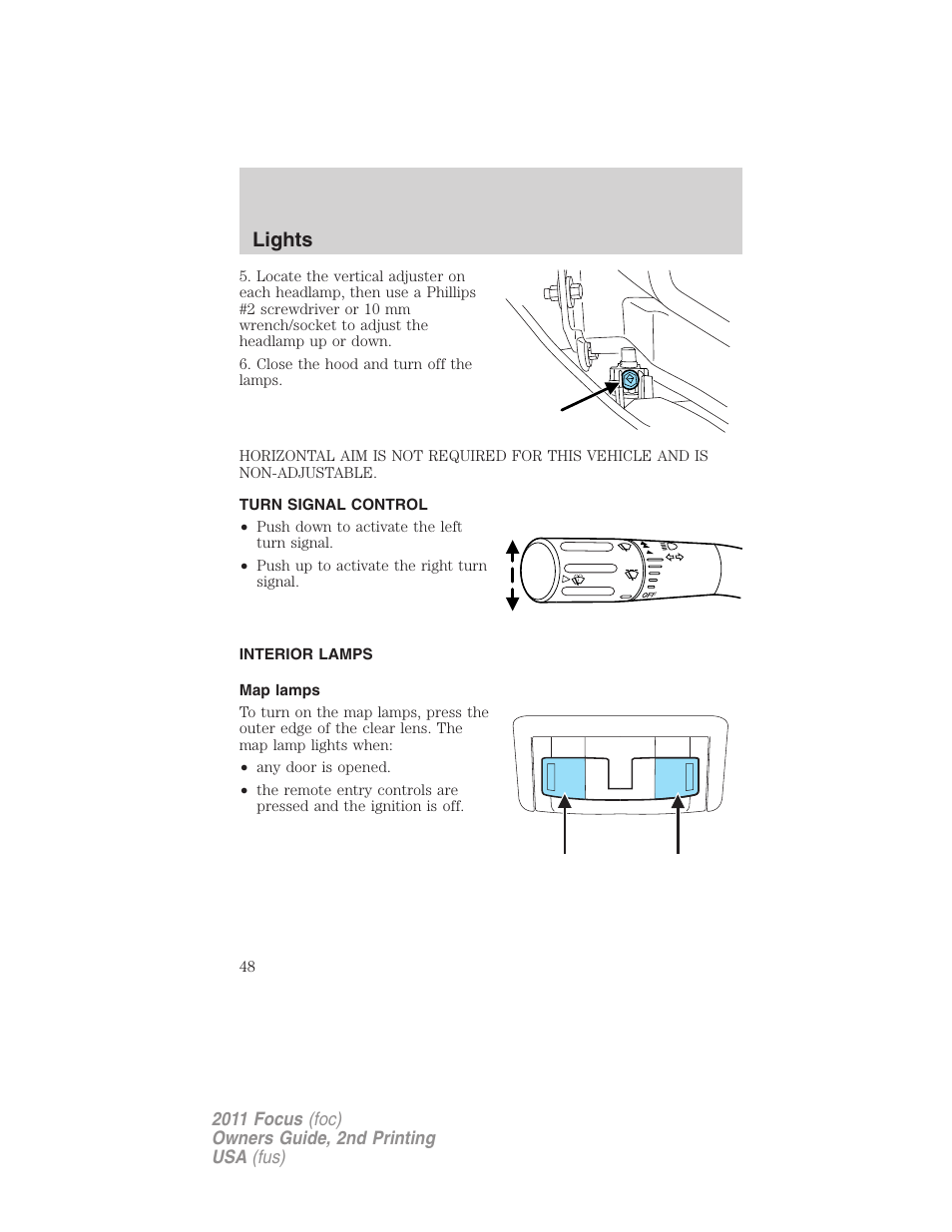 Turn signal control, Interior lamps, Map lamps | Lights | FORD 2011 Focus v.2 User Manual | Page 48 / 301