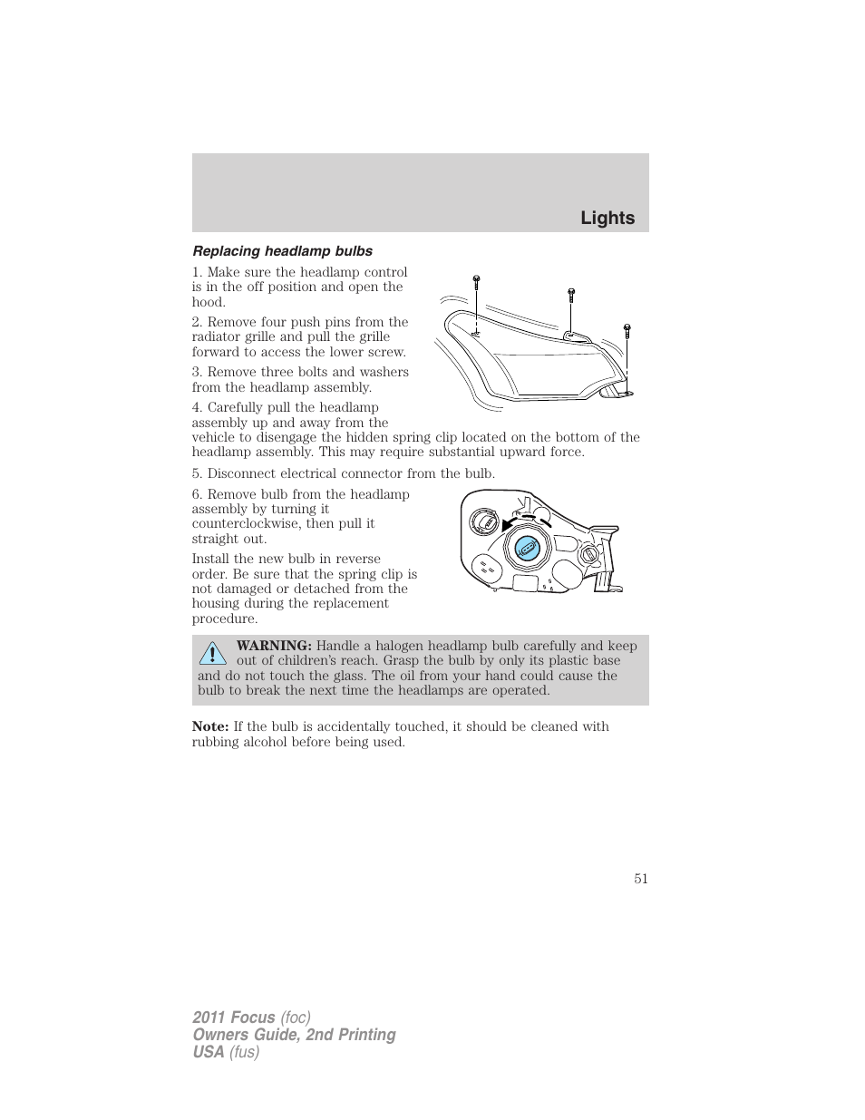 Replacing headlamp bulbs, Lights | FORD 2011 Focus v.2 User Manual | Page 51 / 301