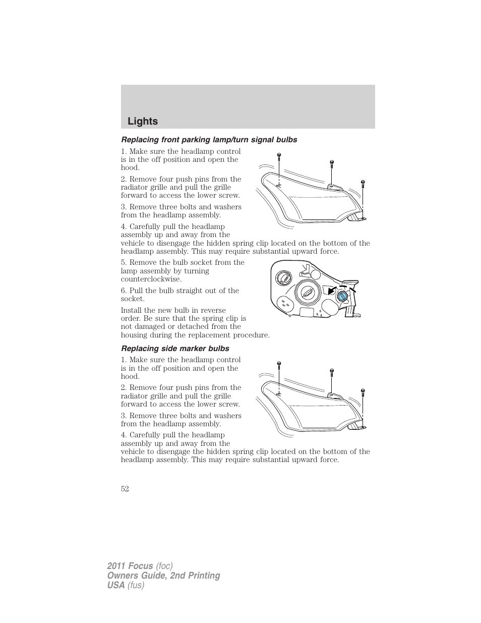 Replacing front parking lamp/turn signal bulbs, Replacing side marker bulbs, Lights | FORD 2011 Focus v.2 User Manual | Page 52 / 301