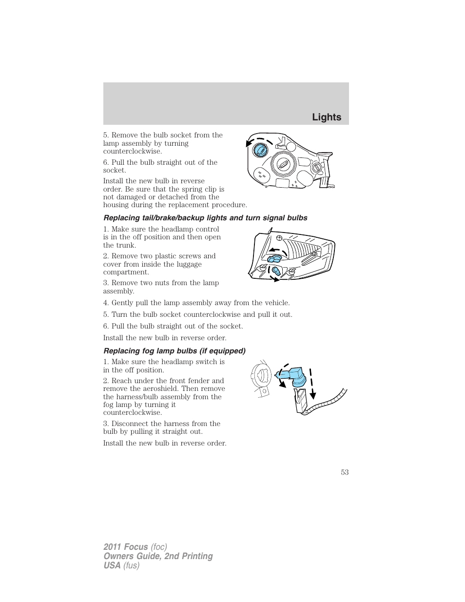 Replacing fog lamp bulbs (if equipped), Lights | FORD 2011 Focus v.2 User Manual | Page 53 / 301