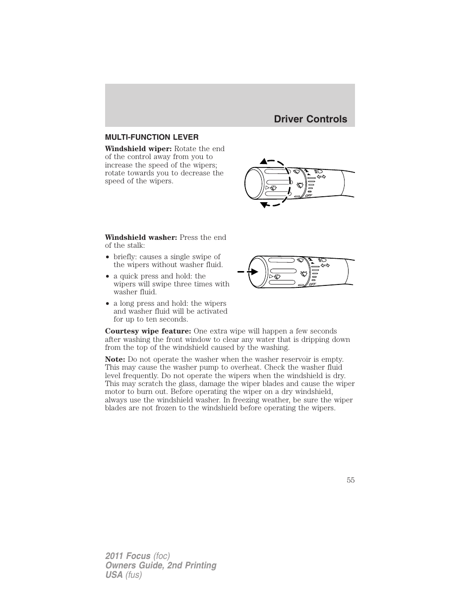 Driver controls, Multi-function lever, Windshield wiper/washer control | FORD 2011 Focus v.2 User Manual | Page 55 / 301