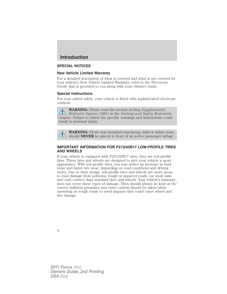 Special notices, New vehicle limited warranty, Special instructions | Introduction | FORD 2011 Focus v.2 User Manual | Page 6 / 301