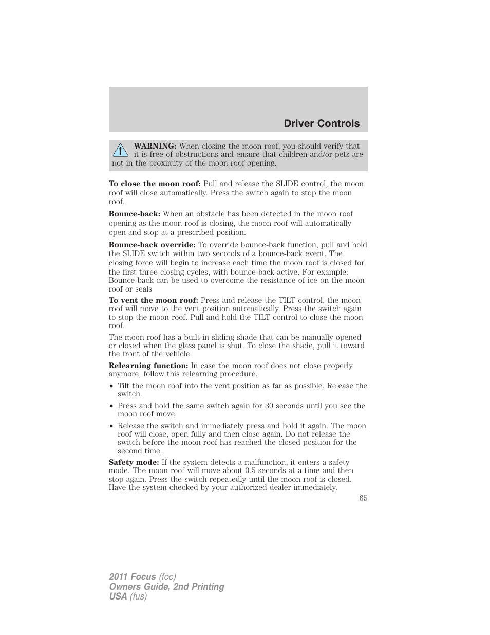 Driver controls | FORD 2011 Focus v.2 User Manual | Page 65 / 301