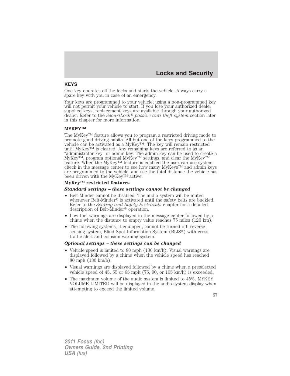 Locks and security, Keys, Mykey | FORD 2011 Focus v.2 User Manual | Page 67 / 301
