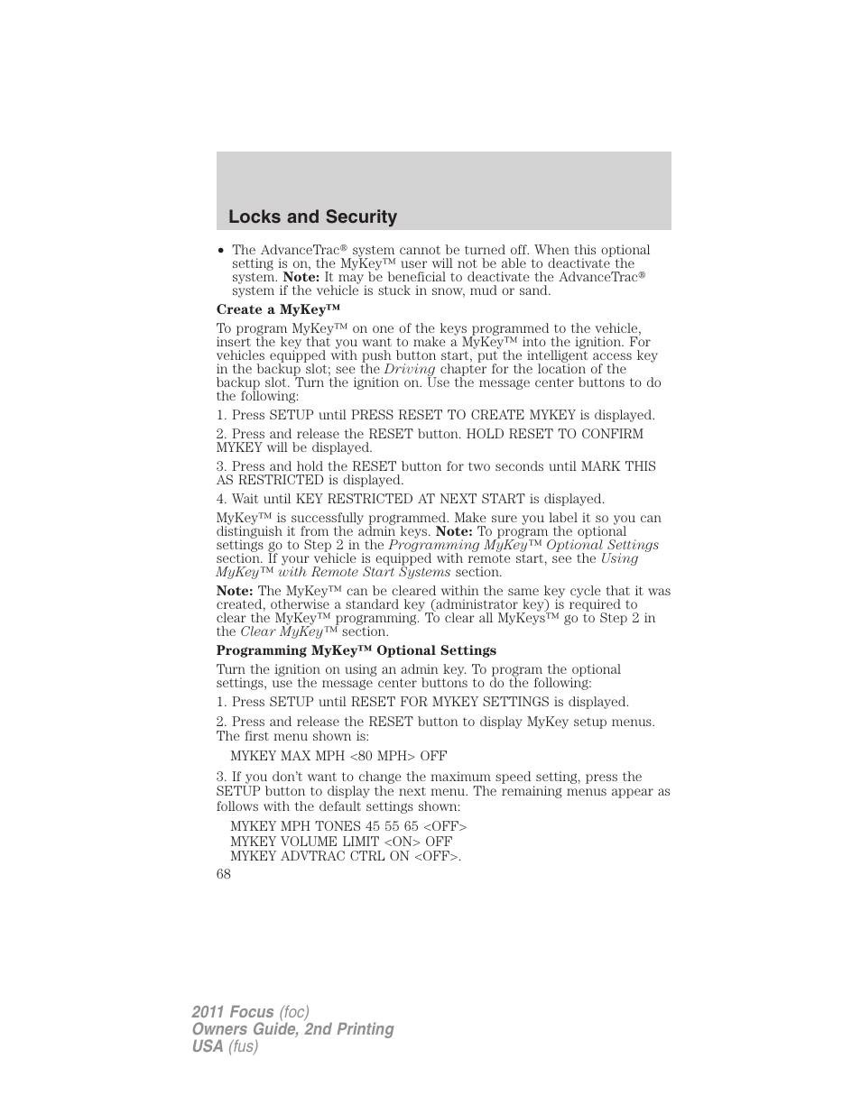 Locks and security | FORD 2011 Focus v.2 User Manual | Page 68 / 301