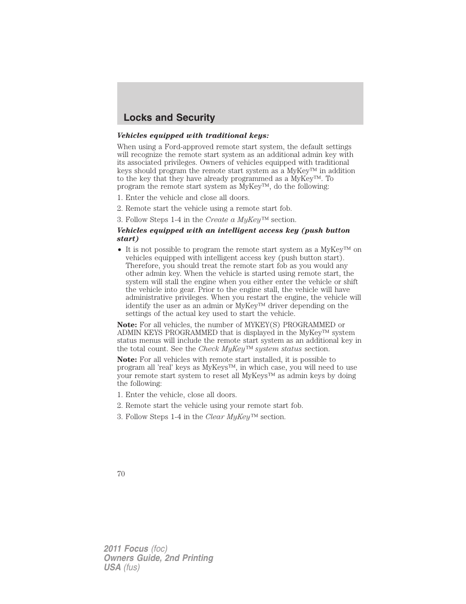 Locks and security | FORD 2011 Focus v.2 User Manual | Page 70 / 301