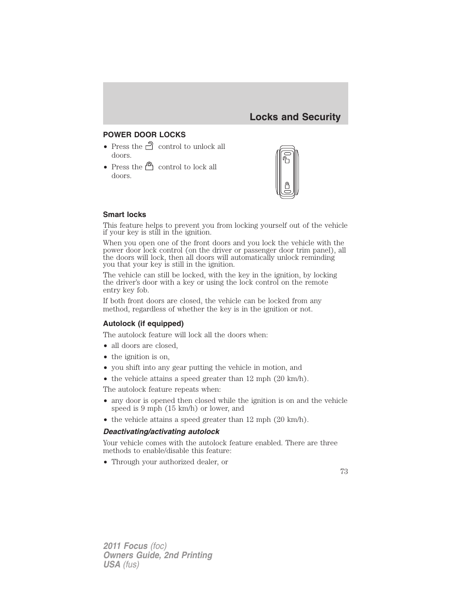 Power door locks, Smart locks, Autolock (if equipped) | Deactivating/activating autolock, Locks, Locks and security | FORD 2011 Focus v.2 User Manual | Page 73 / 301