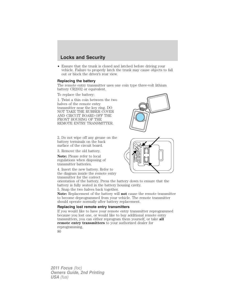 Replacing the battery, Replacing lost remote entry transmitters, Locks and security | FORD 2011 Focus v.2 User Manual | Page 80 / 301