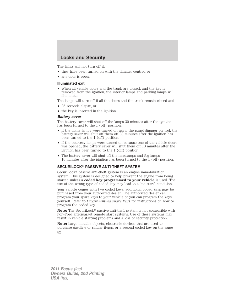 Illuminated exit, Battery saver, Securilock passive anti-theft system | Anti-theft system, Locks and security | FORD 2011 Focus v.2 User Manual | Page 82 / 301