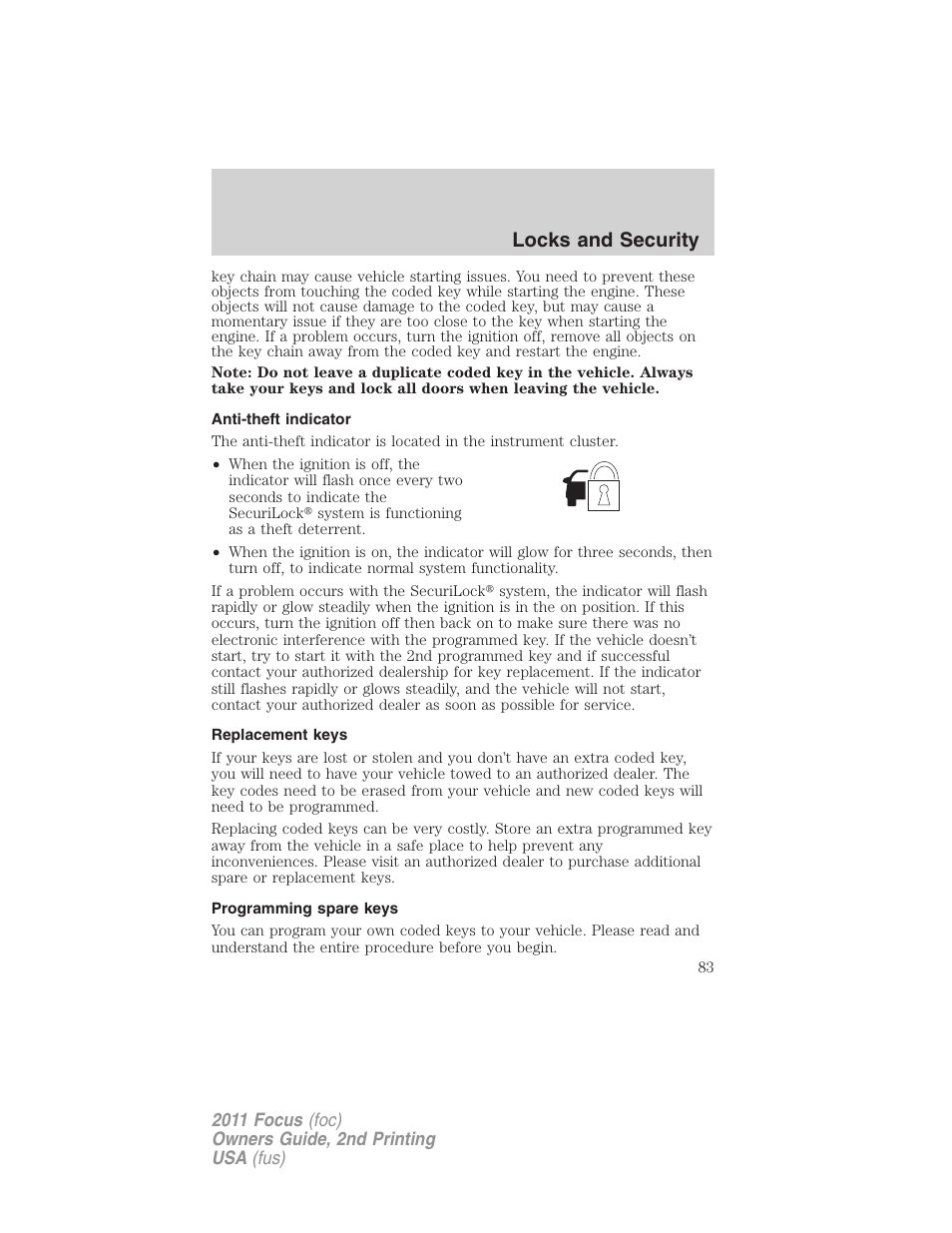 Anti-theft indicator, Replacement keys, Programming spare keys | Locks and security | FORD 2011 Focus v.2 User Manual | Page 83 / 301