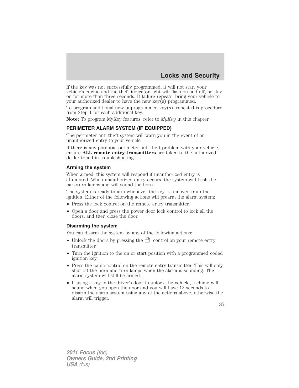 Perimeter alarm system (if equipped), Arming the system, Disarming the system | Locks and security | FORD 2011 Focus v.2 User Manual | Page 85 / 301