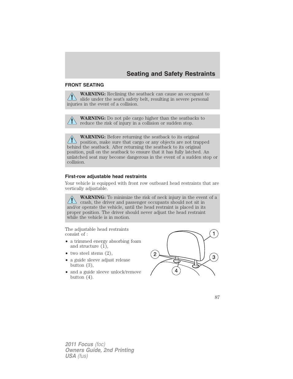 Seating and safety restraints, Front seating, First-row adjustable head restraints | Seating | FORD 2011 Focus v.2 User Manual | Page 87 / 301