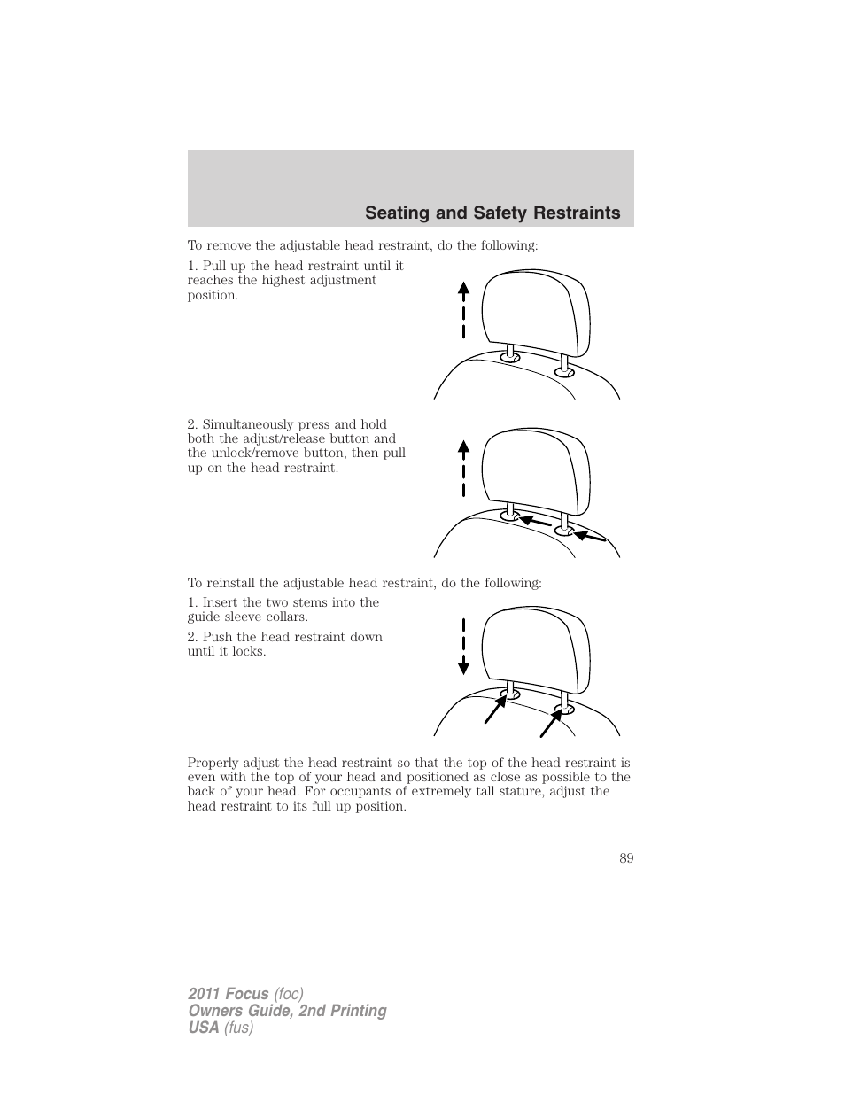 Seating and safety restraints | FORD 2011 Focus v.2 User Manual | Page 89 / 301