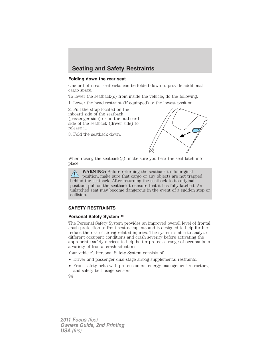 Folding down the rear seat, Safety restraints, Personal safety system | Seating and safety restraints | FORD 2011 Focus v.2 User Manual | Page 94 / 301