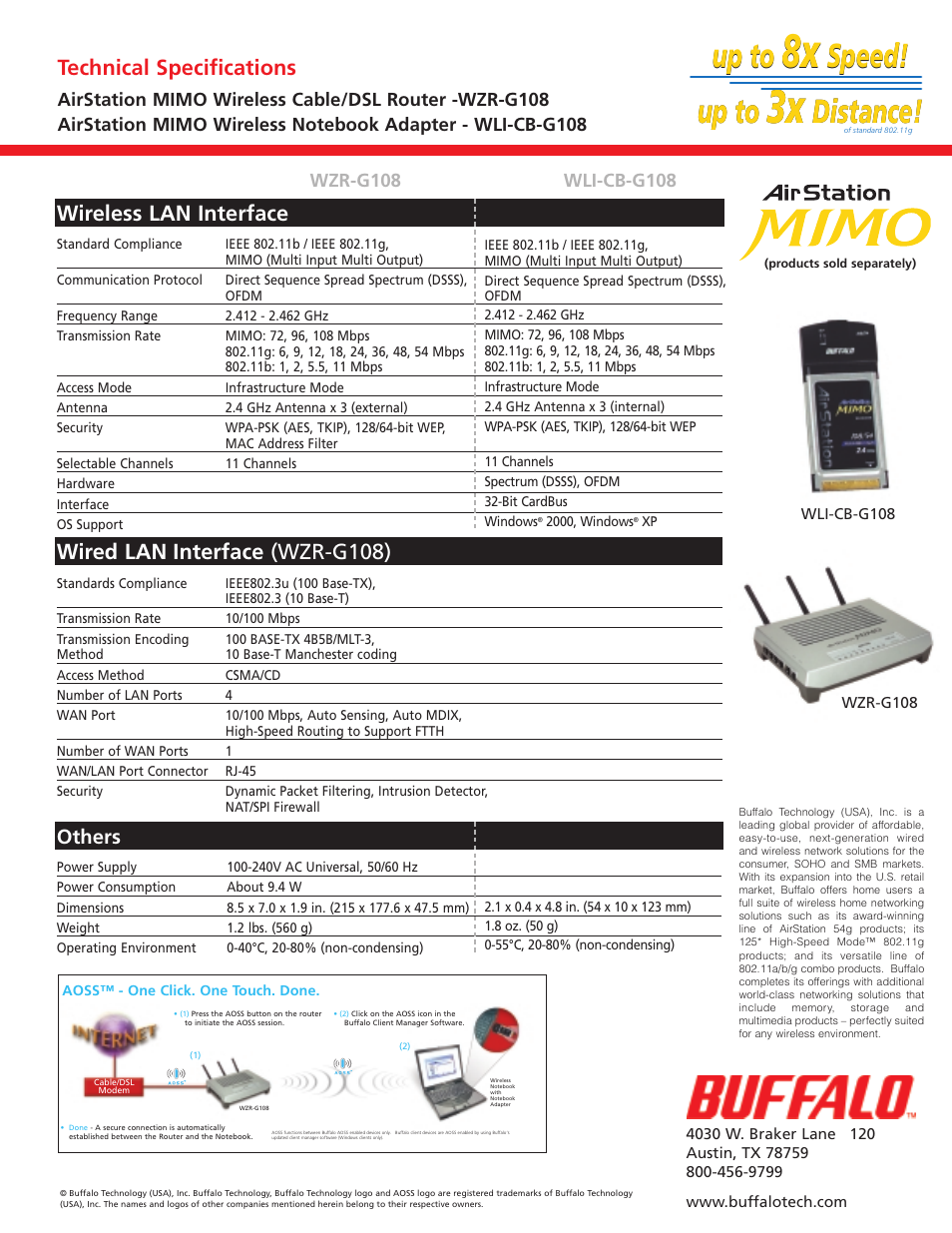 Up to, Speed! up to, Distance! up to | Distance, Wireless lan interface, Wired lan interface (wzr-g108), Technical specifications, Others | Buffalo Technology Buffalo AirStation MIMO WZR-G108 User Manual | Page 2 / 2