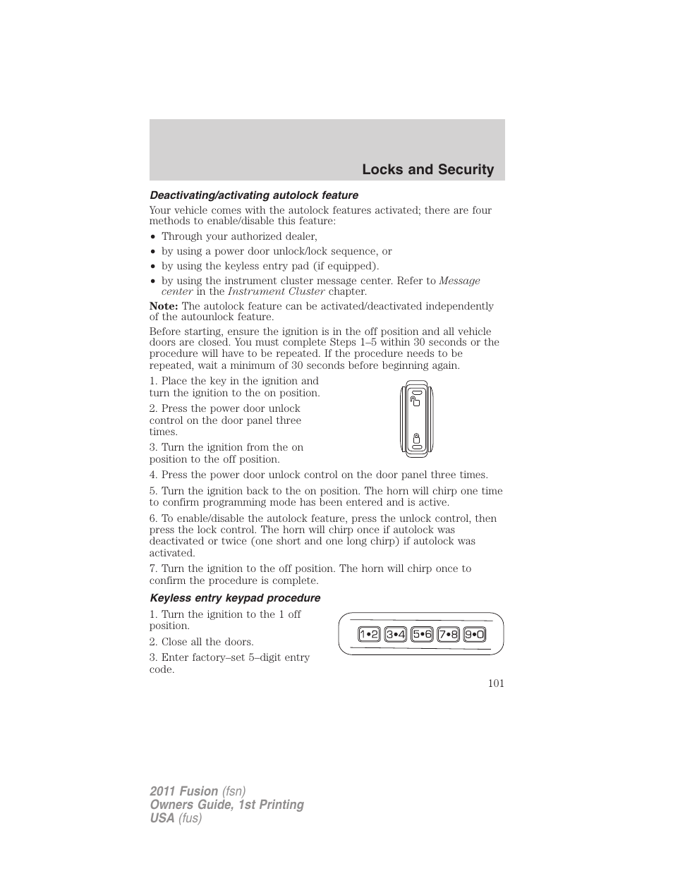 Deactivating/activating autolock feature, Keyless entry keypad procedure, Locks and security | FORD 2011 Fusion v.1 User Manual | Page 101 / 369