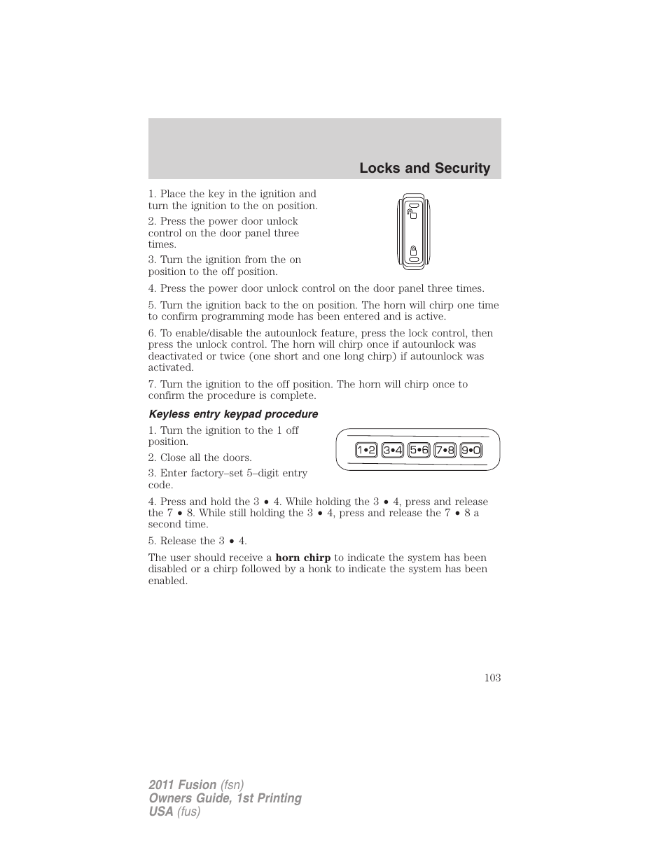 Keyless entry keypad procedure, Locks and security | FORD 2011 Fusion v.1 User Manual | Page 103 / 369