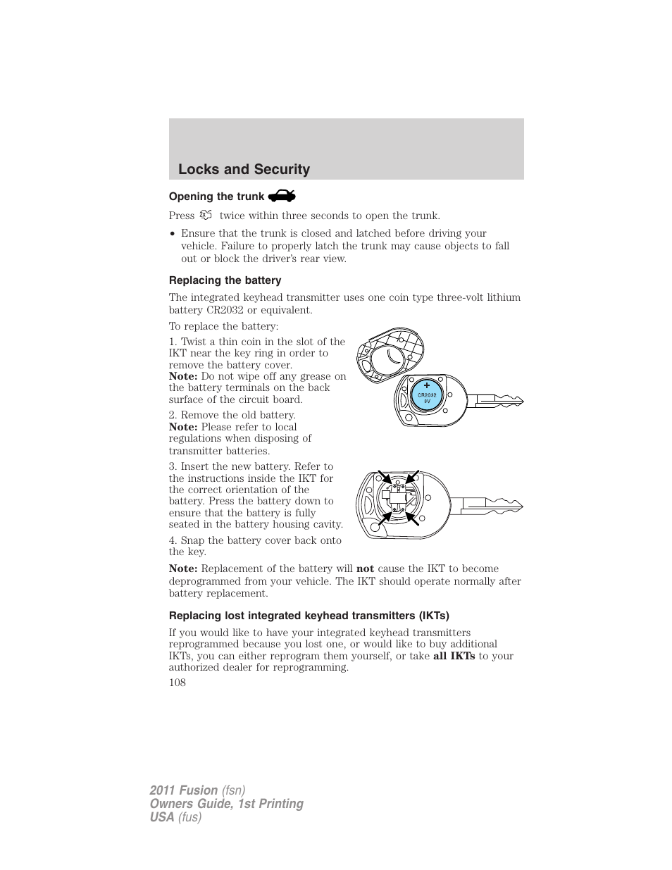 Opening the trunk, Replacing the battery, Locks and security | FORD 2011 Fusion v.1 User Manual | Page 108 / 369