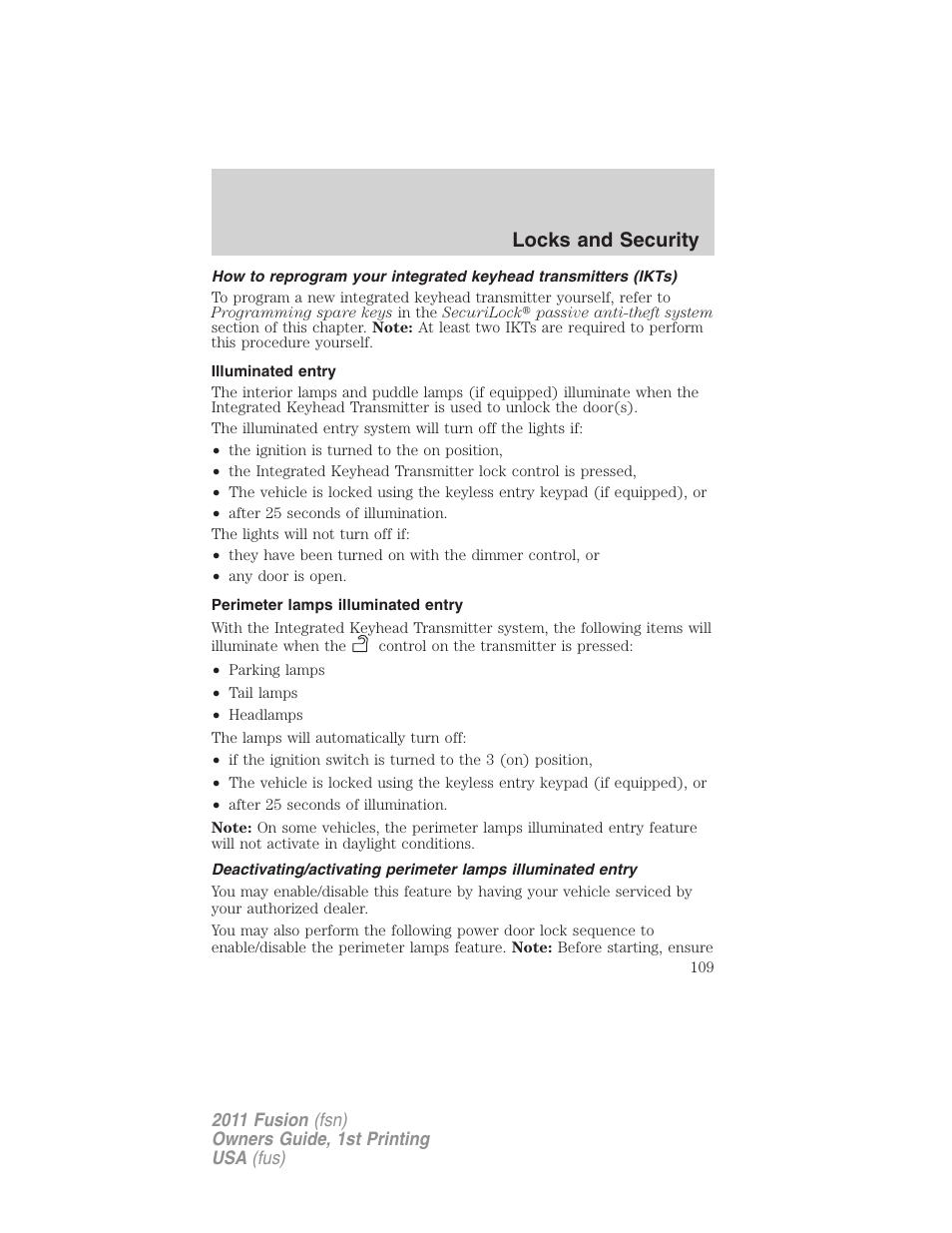 Illuminated entry, Perimeter lamps illuminated entry, Locks and security | FORD 2011 Fusion v.1 User Manual | Page 109 / 369