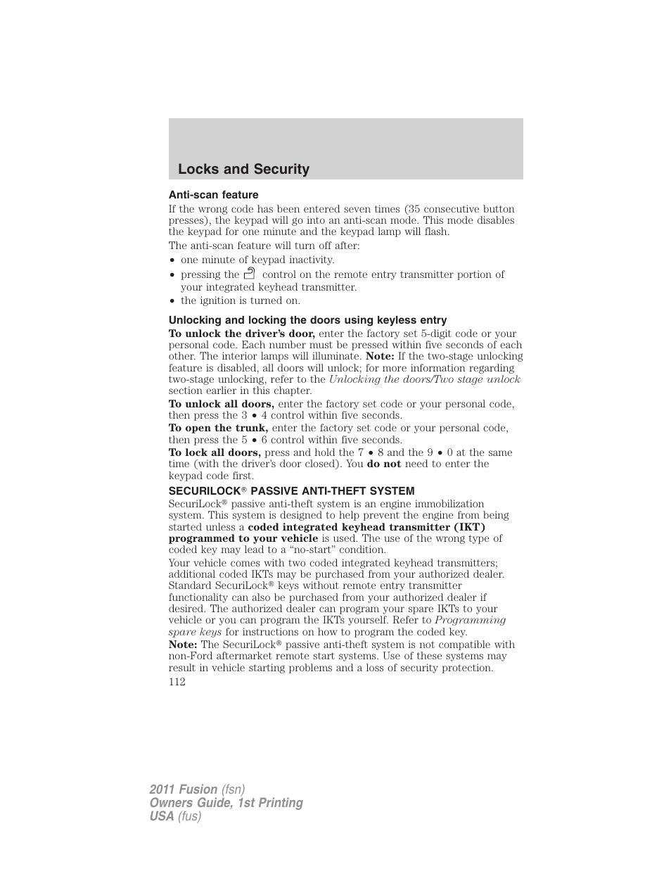 Anti-scan feature, Securilock passive anti-theft system, Anti-theft system | Locks and security | FORD 2011 Fusion v.1 User Manual | Page 112 / 369