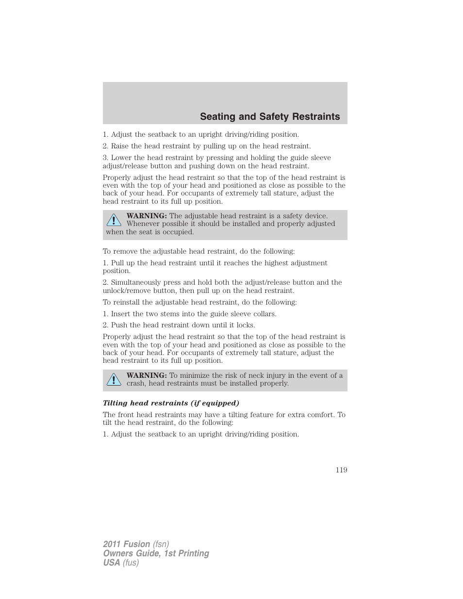 Seating and safety restraints | FORD 2011 Fusion v.1 User Manual | Page 119 / 369