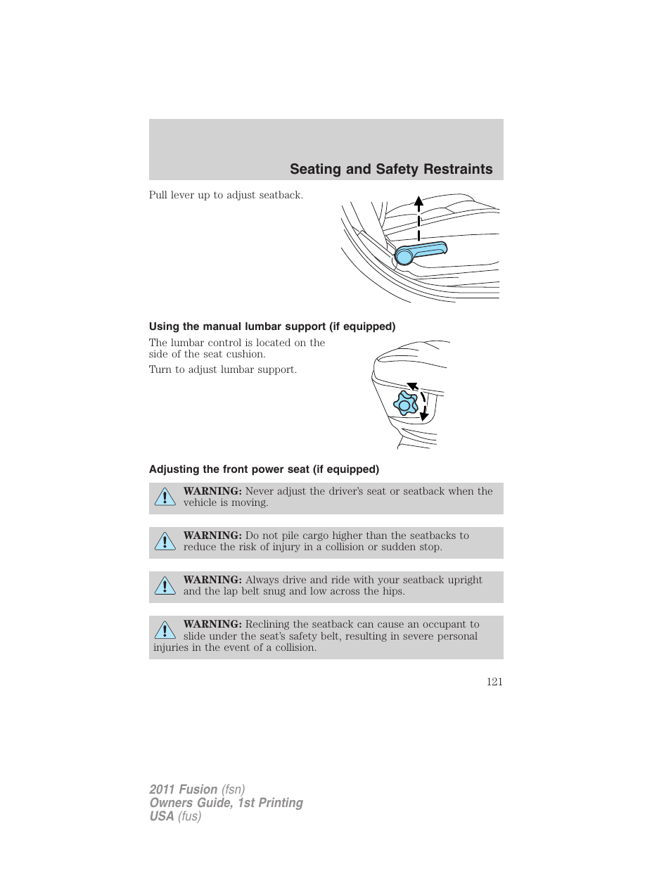 Using the manual lumbar support (if equipped), Adjusting the front power seat (if equipped), Seating and safety restraints | FORD 2011 Fusion v.1 User Manual | Page 121 / 369