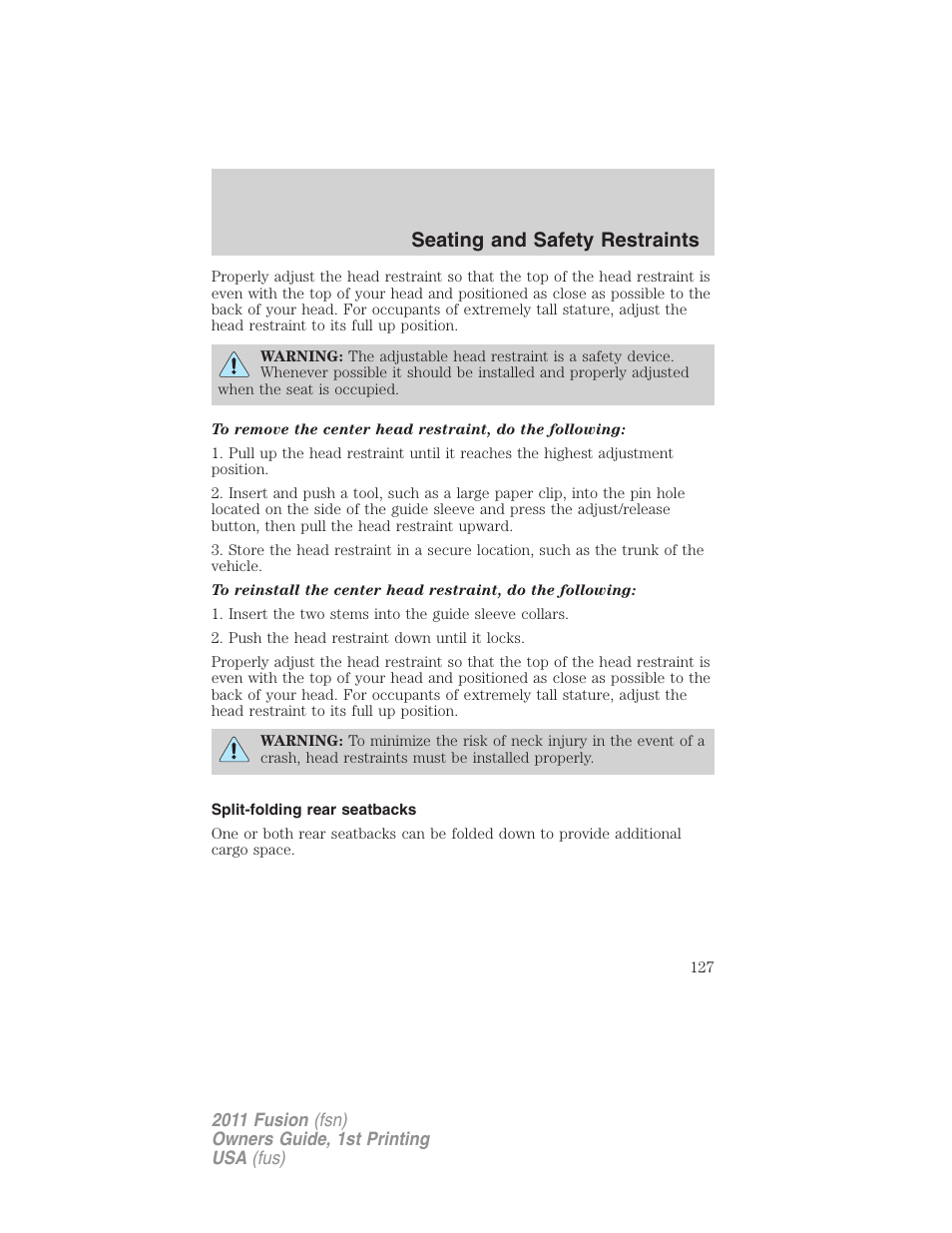 Split-folding rear seatbacks, Seating and safety restraints | FORD 2011 Fusion v.1 User Manual | Page 127 / 369