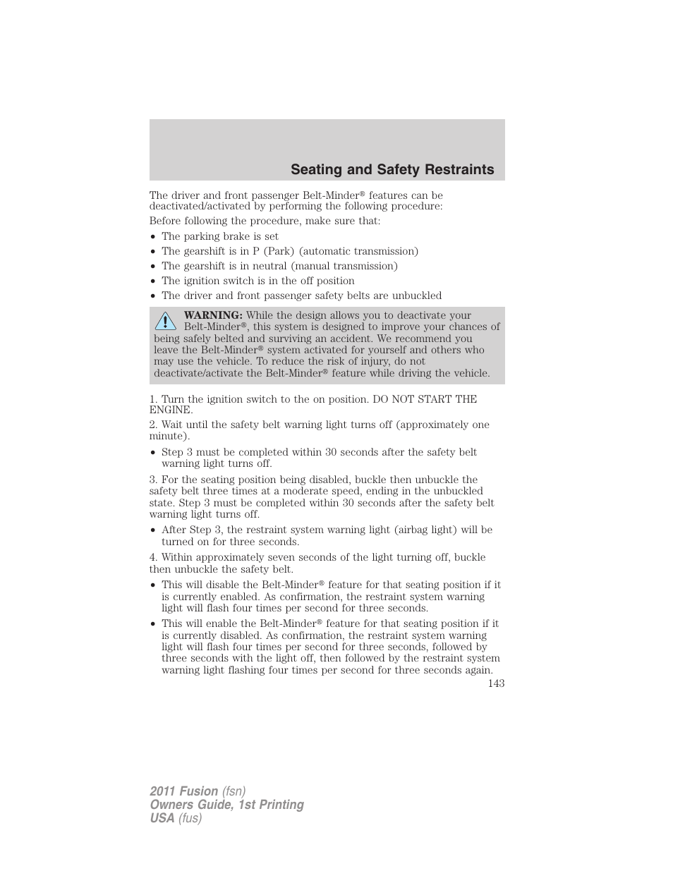 Seating and safety restraints | FORD 2011 Fusion v.1 User Manual | Page 143 / 369