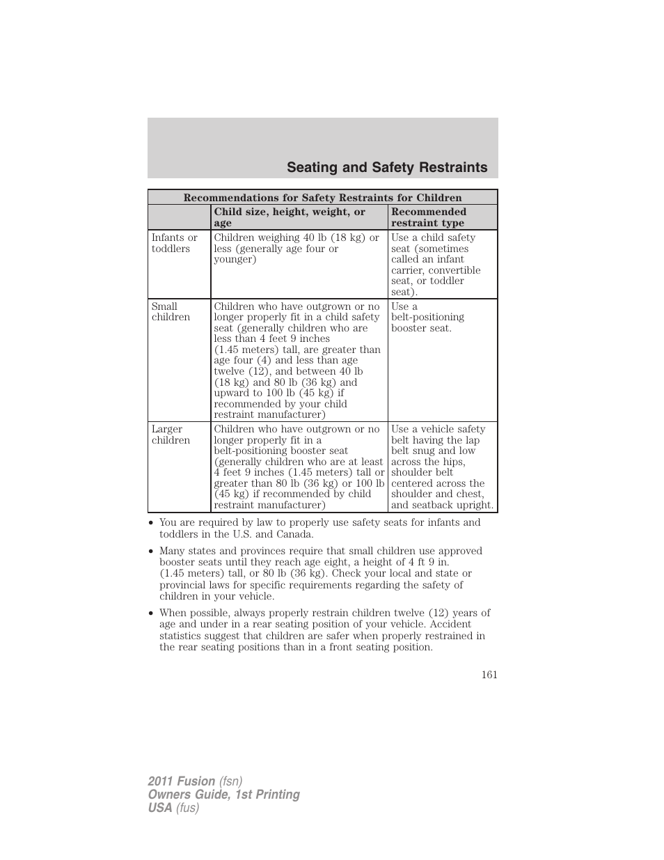 Seating and safety restraints | FORD 2011 Fusion v.1 User Manual | Page 161 / 369