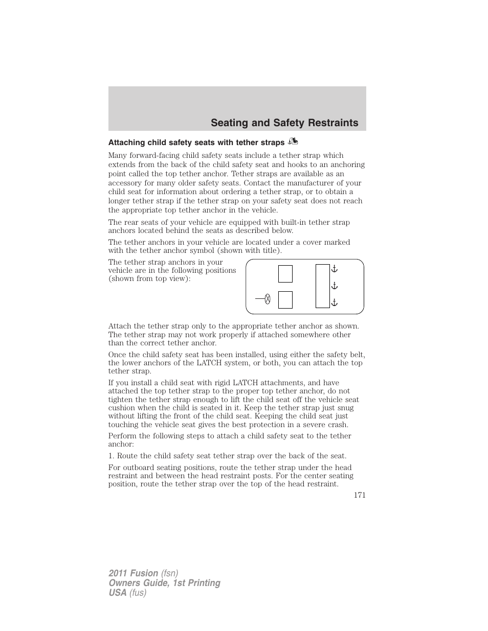 Attaching child safety seats with tether straps, Seating and safety restraints | FORD 2011 Fusion v.1 User Manual | Page 171 / 369